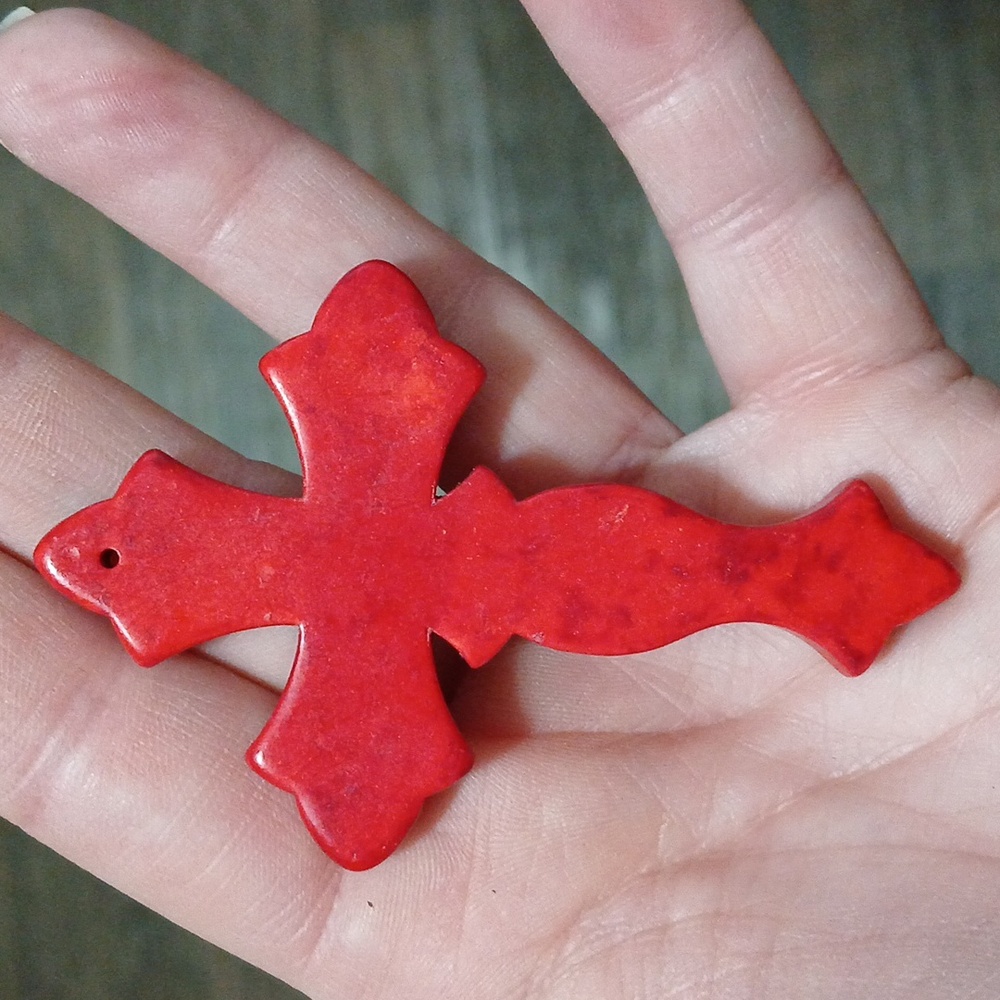 New Oversized Hand Carved Dyed Howlite Cross Pendant.